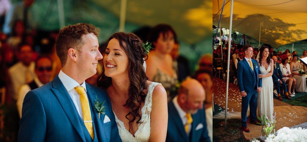Romantic moments captured during an outdoor wedding celebration.