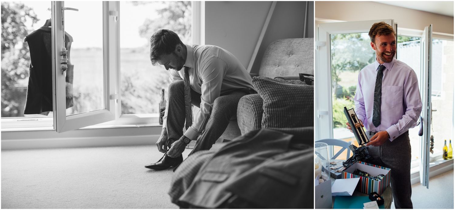 Side-by-side images of someone getting dressed, shown in both monochrome and color.
