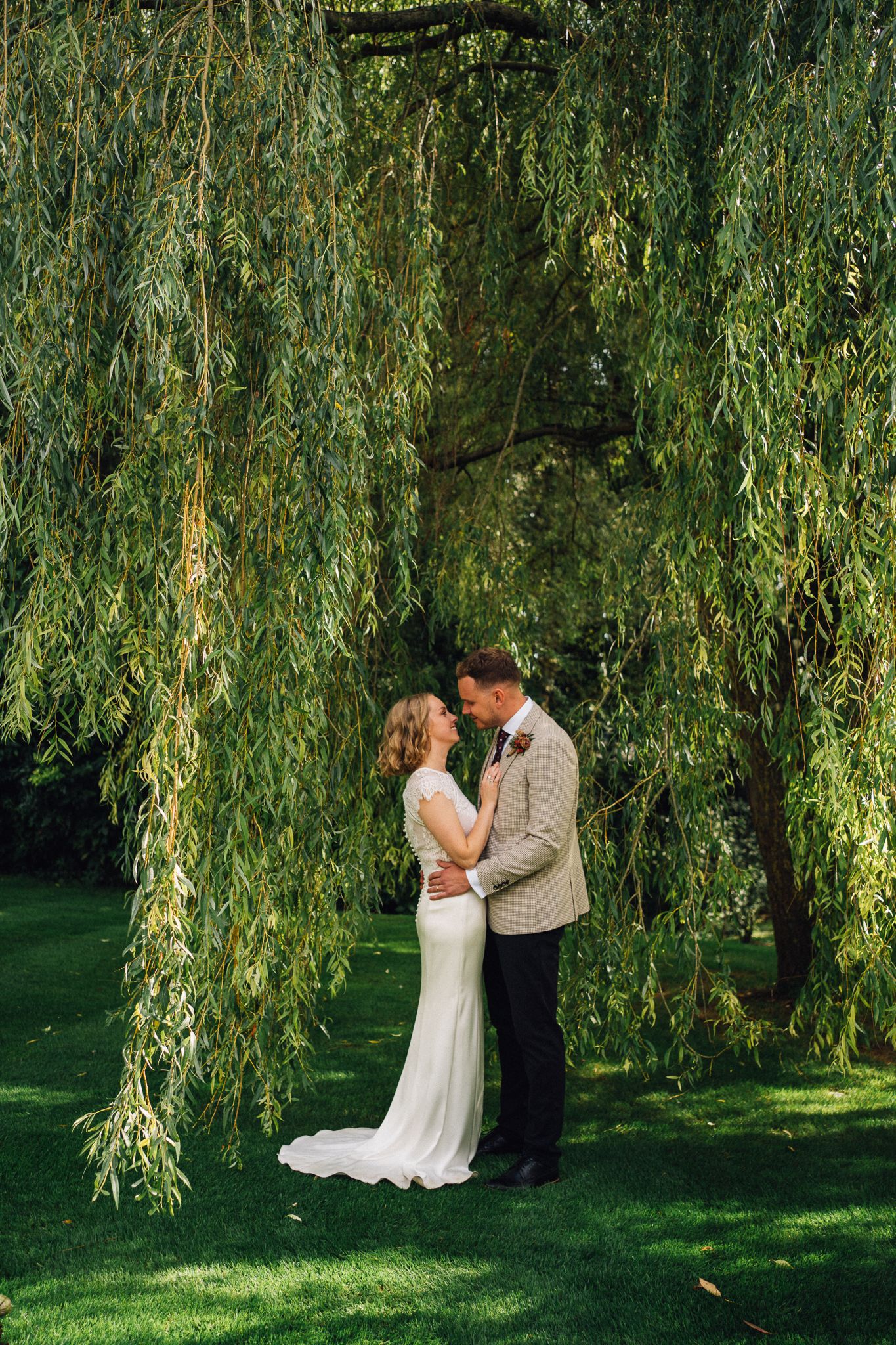 A romantic moment captured under a graceful weeping willow tree on a sunny day.