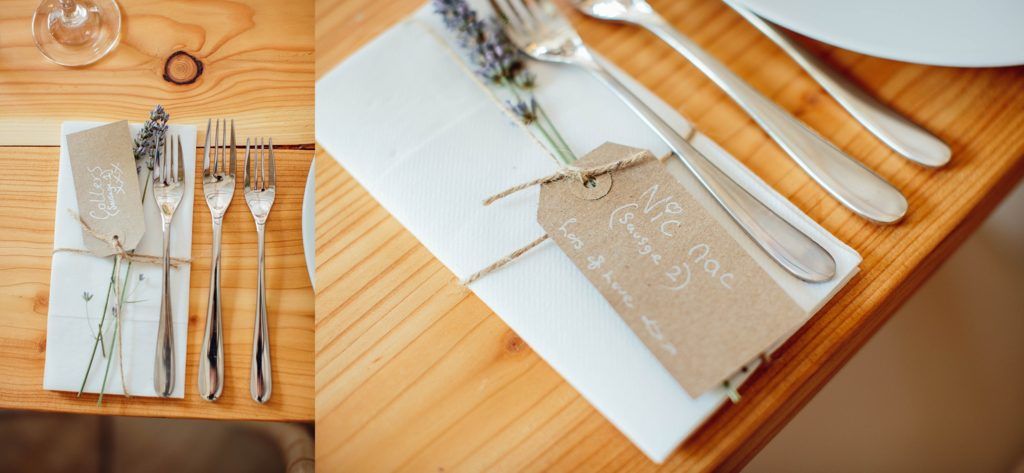 Close-up details of elegant place settings with wine glasses and silverware on wooden tables.