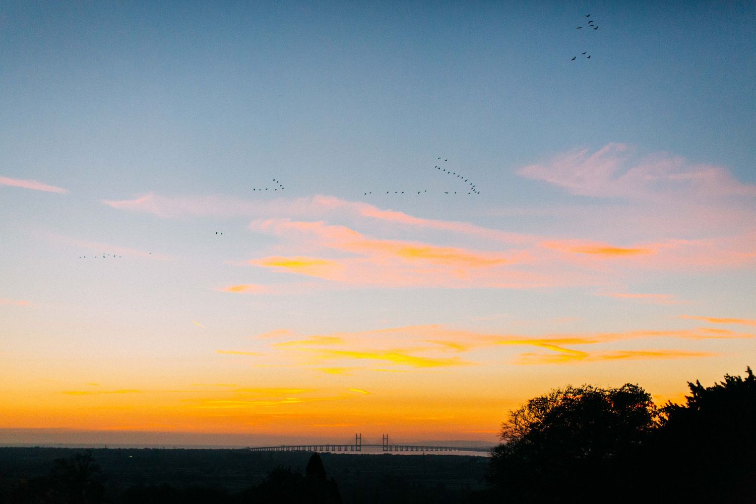 A collection of sunset sky photos showing vibrant orange and pink colors fading into deep blue across the horizon.