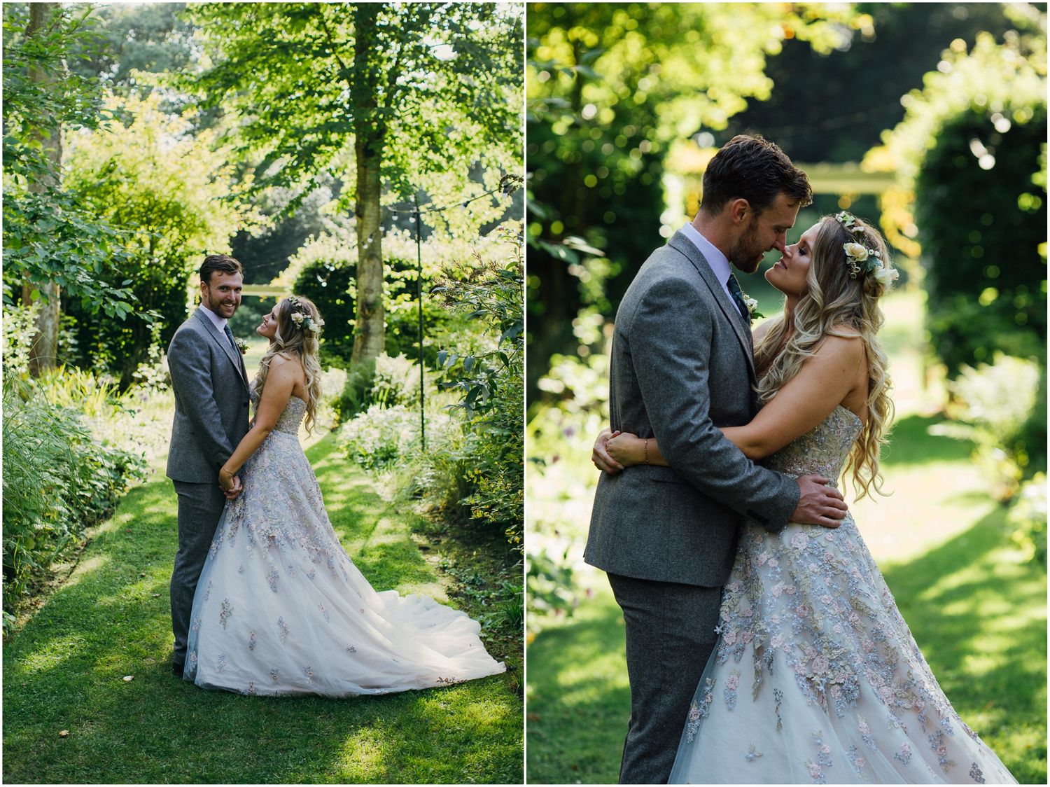 Wedding couple poses for romantic portraits in a sunlit garden setting.