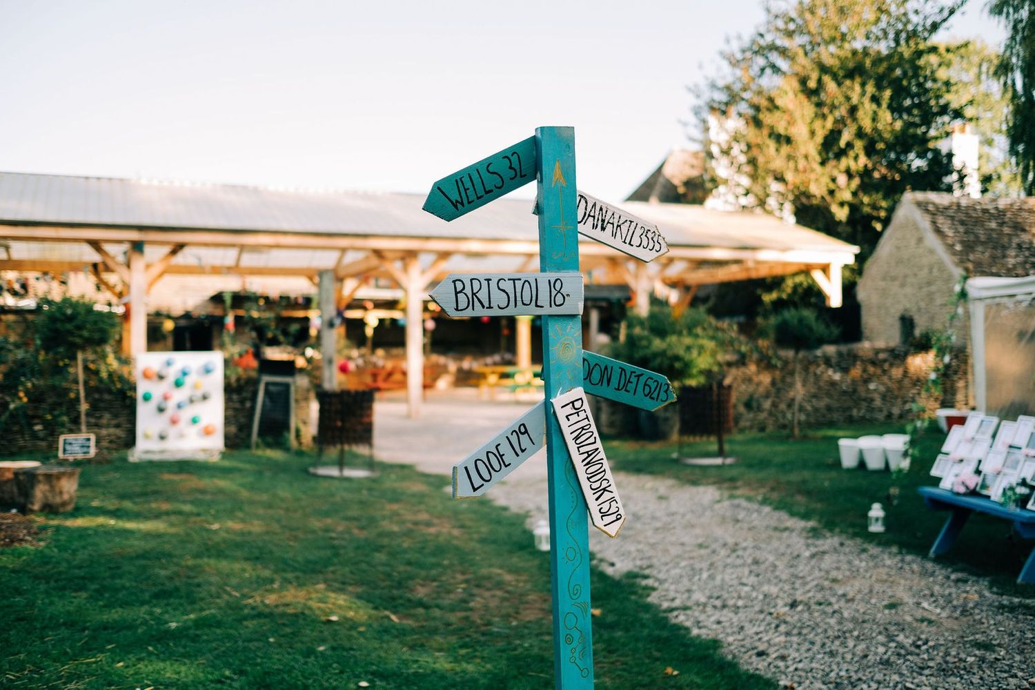 Rustic wooden directional sign post in an outdoor wedding venue garden setting.
