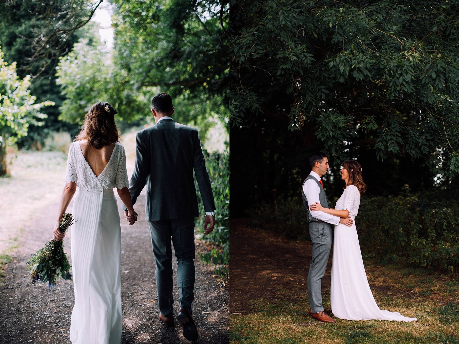 Wedding couple and attendants walk through garden path with natural greenery backdrop.
