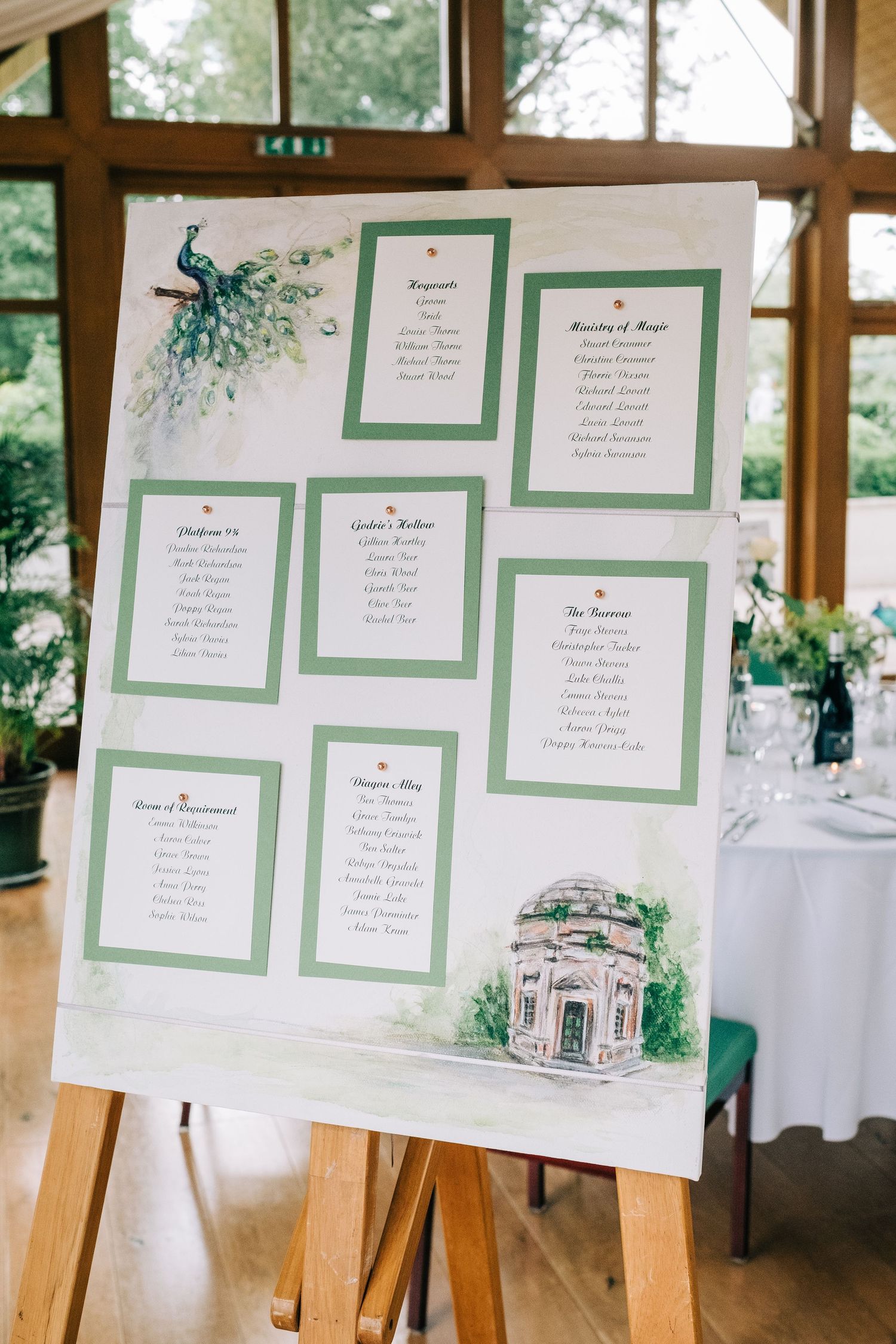 Wedding seating charts displayed on wooden easels with green borders.