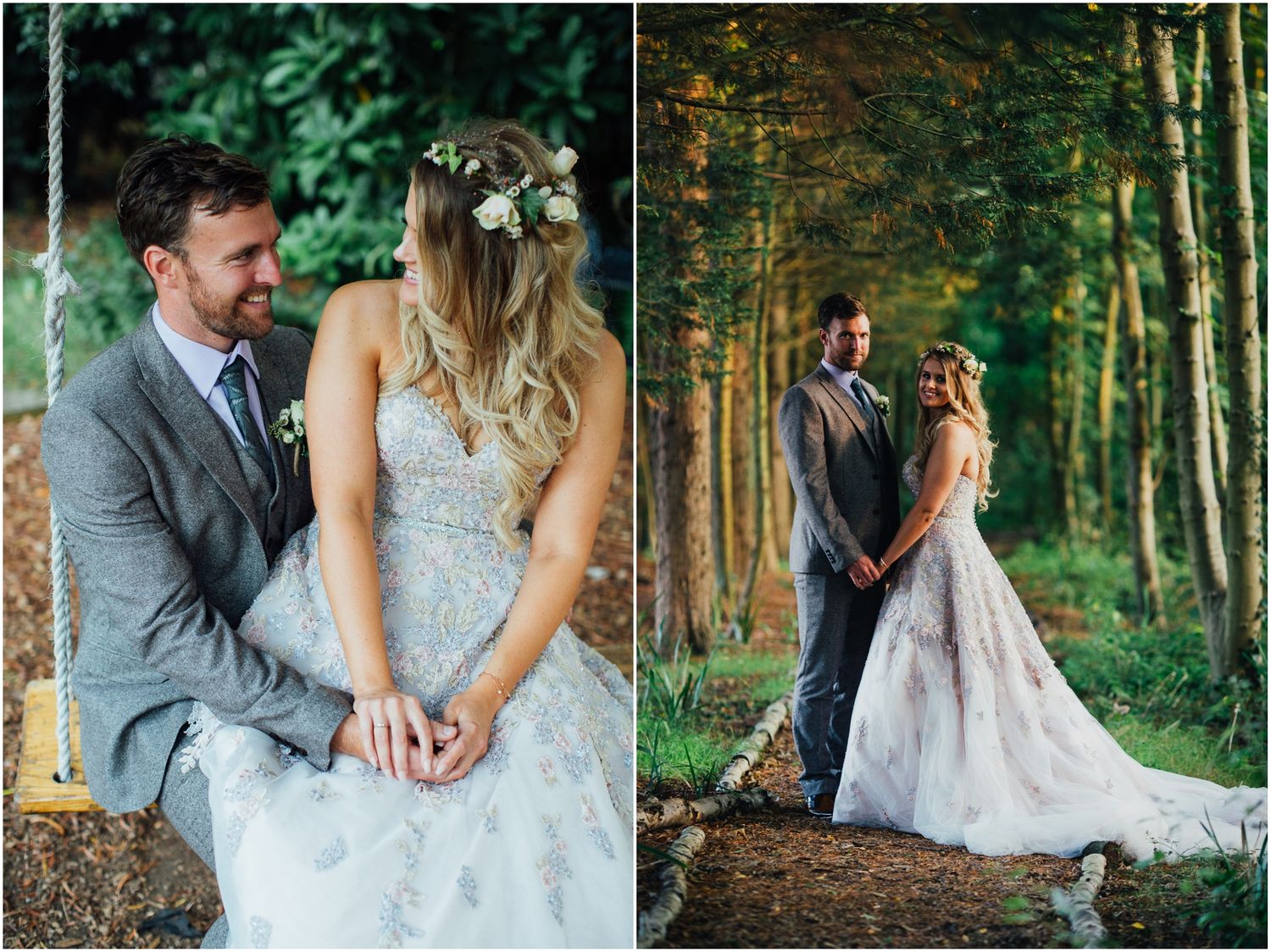 Wedding couple shares intimate moments in a forest setting during golden hour.
