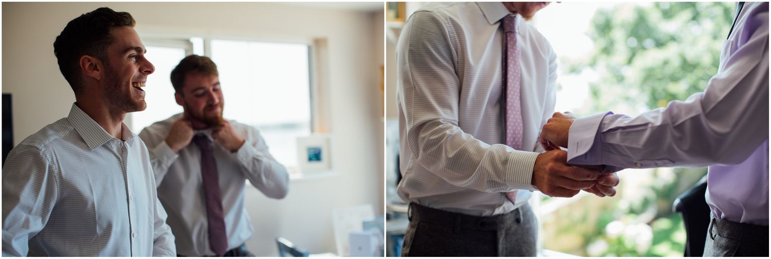 Two candid moments of groomsmen helping each other get ready for a wedding celebration.