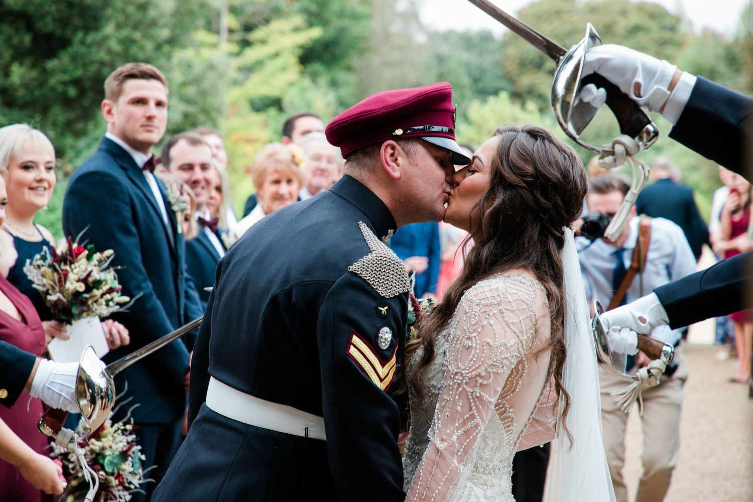 Candid moments captured during an outdoor wedding celebration.