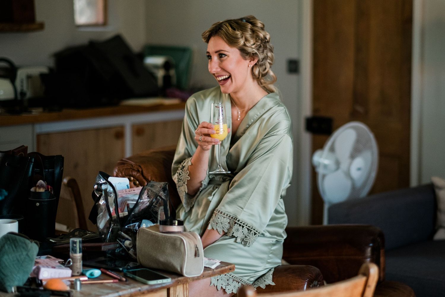 Morning preparation scene in a cozy room with vintage furniture and natural light.