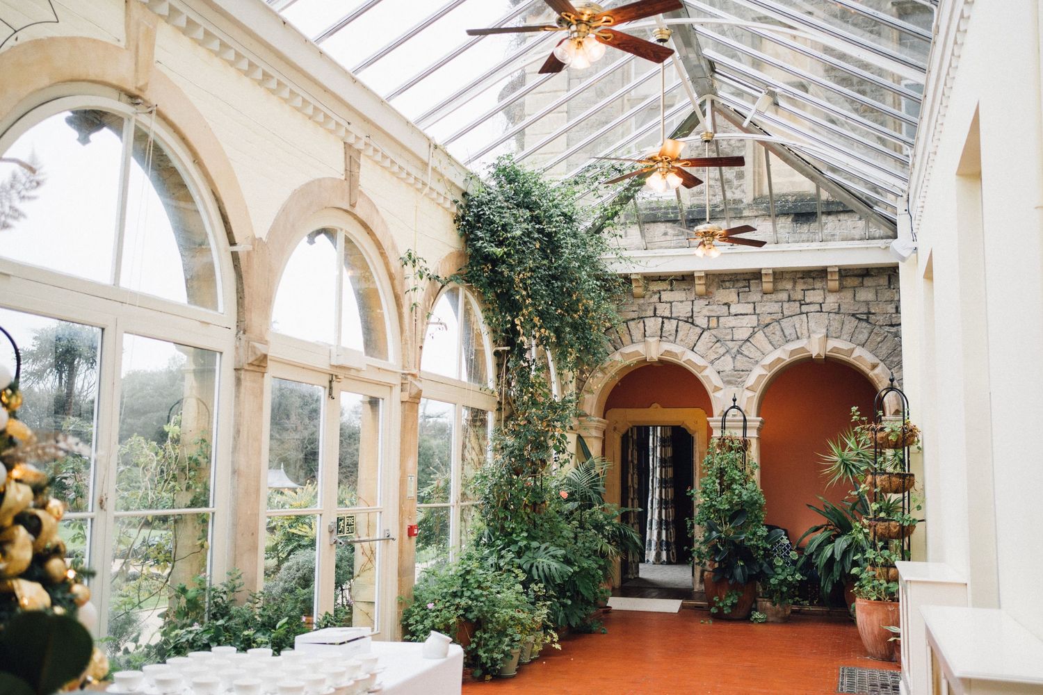 Beautiful conservatory interior with arched windows and tropical plants creating an elegant atmosphere.