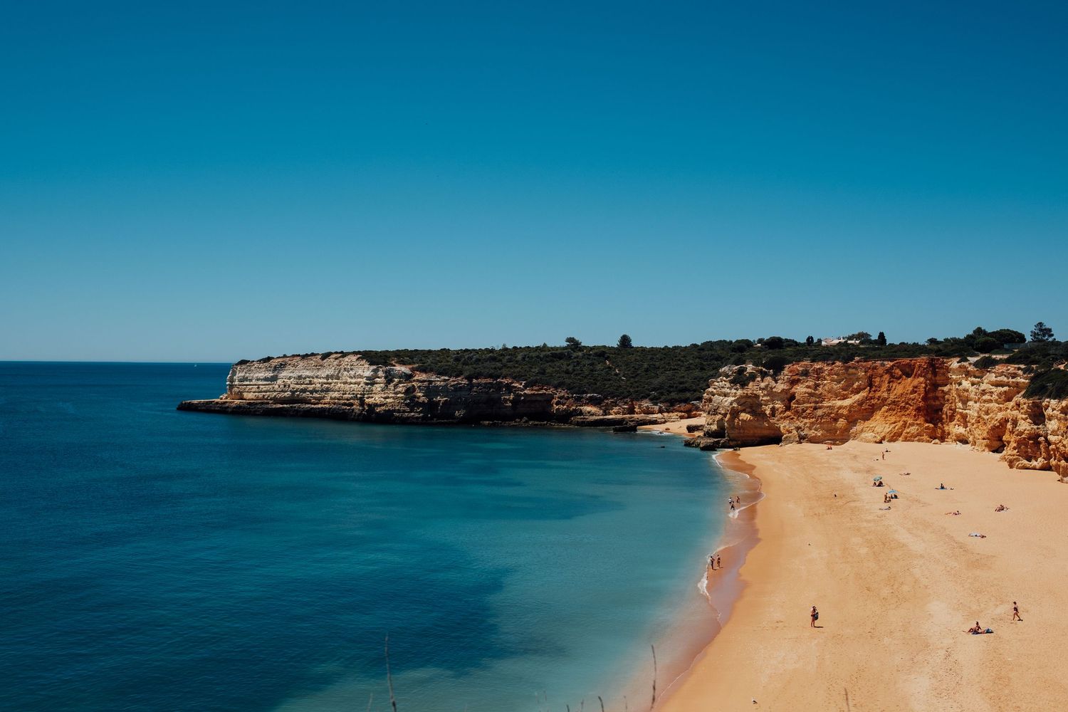 Scenic beach panorama with golden cliffs and turquoise waters along the Algarve coast.