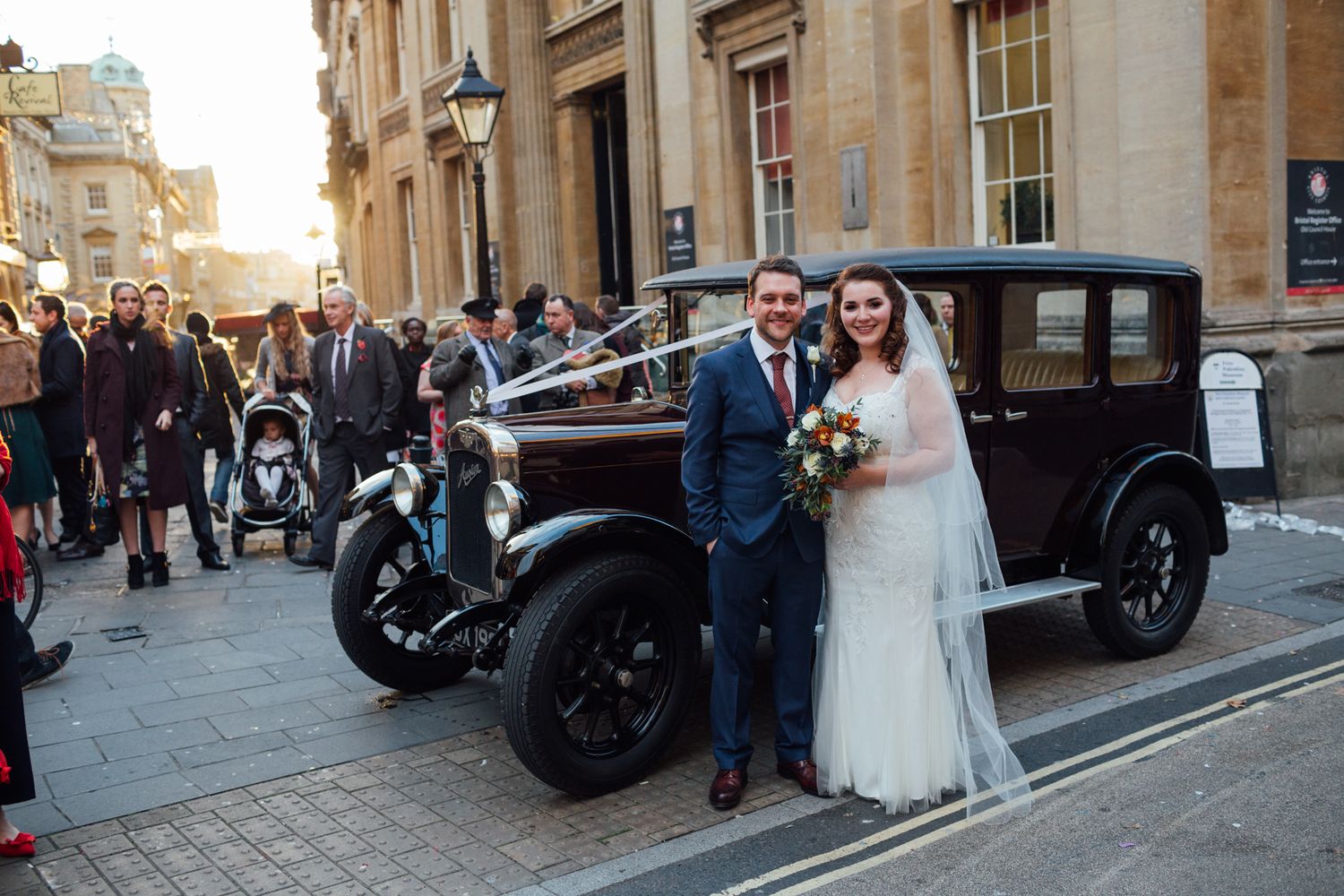 Bristol Registry Office Wedding Photographer with Bride and Groom in front of the Old Council House