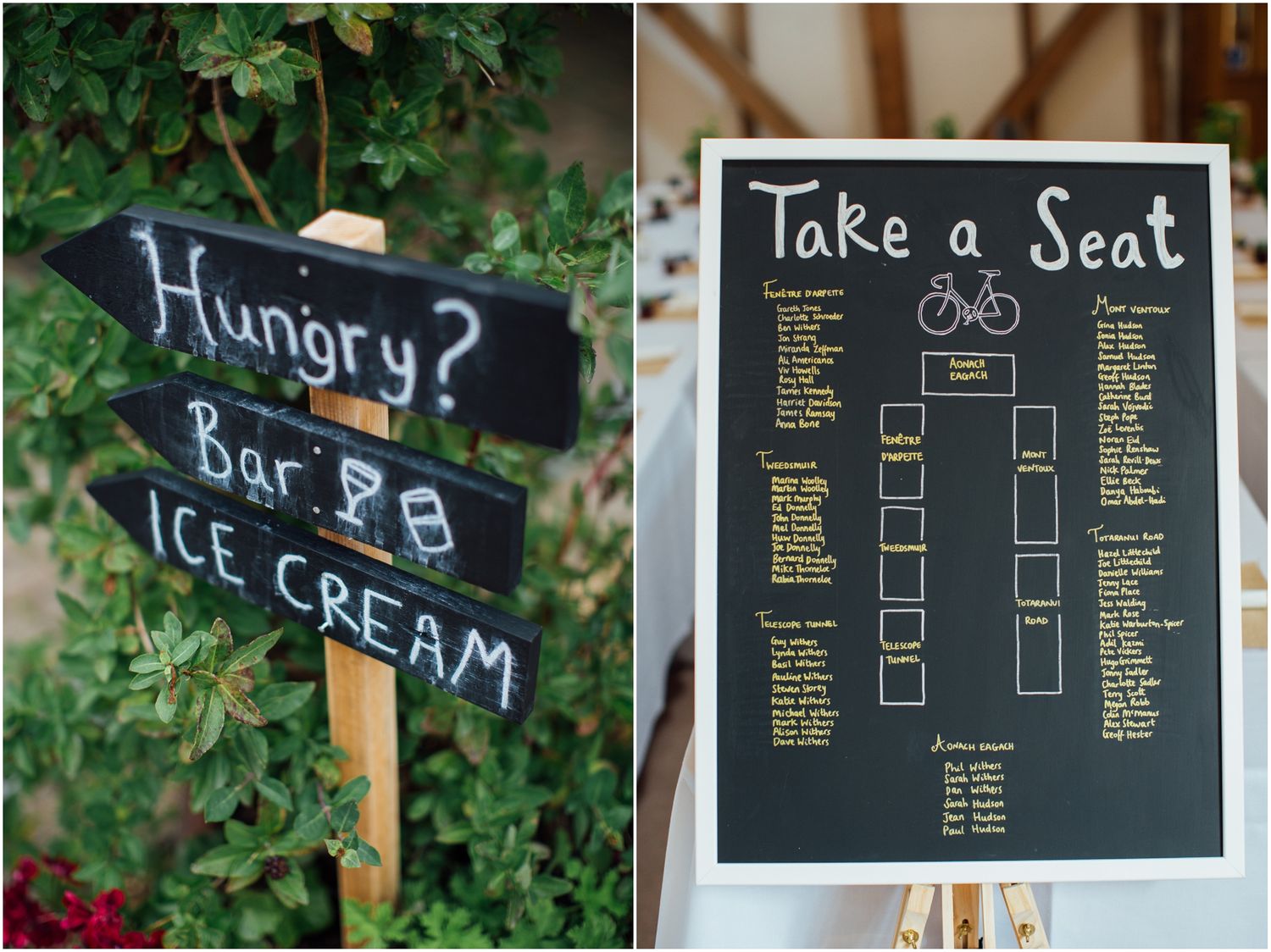 Chalkboard wedding signs displaying seating arrangements and menu items against green foliage.