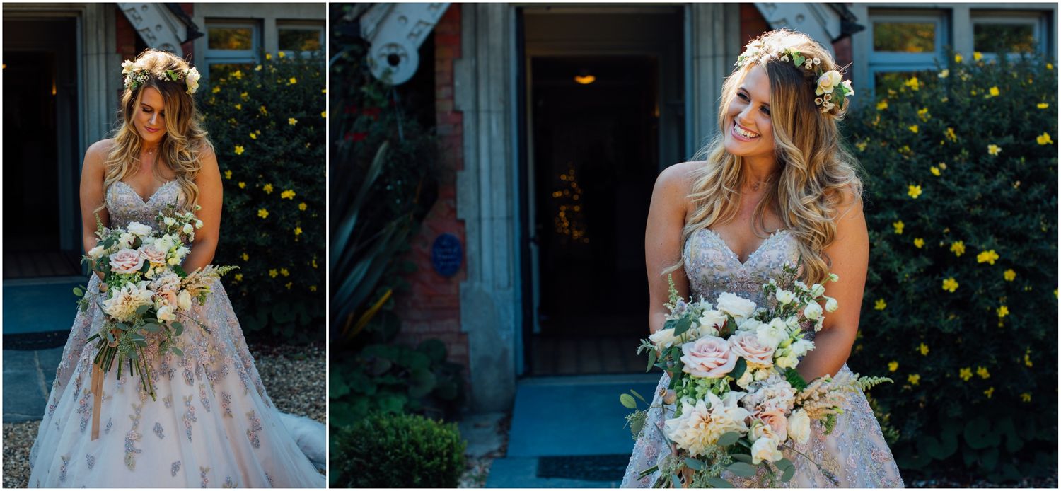 Two side-by-side photos showing a bride in a floral lace gown holding a white bouquet.