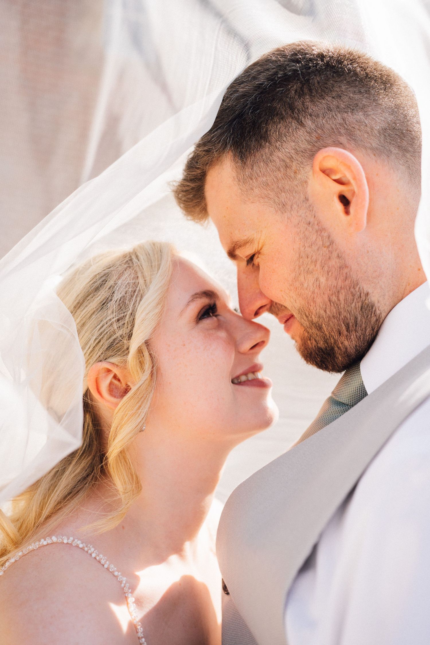 Romantic sunlit moment between newlyweds with flowing white veil.