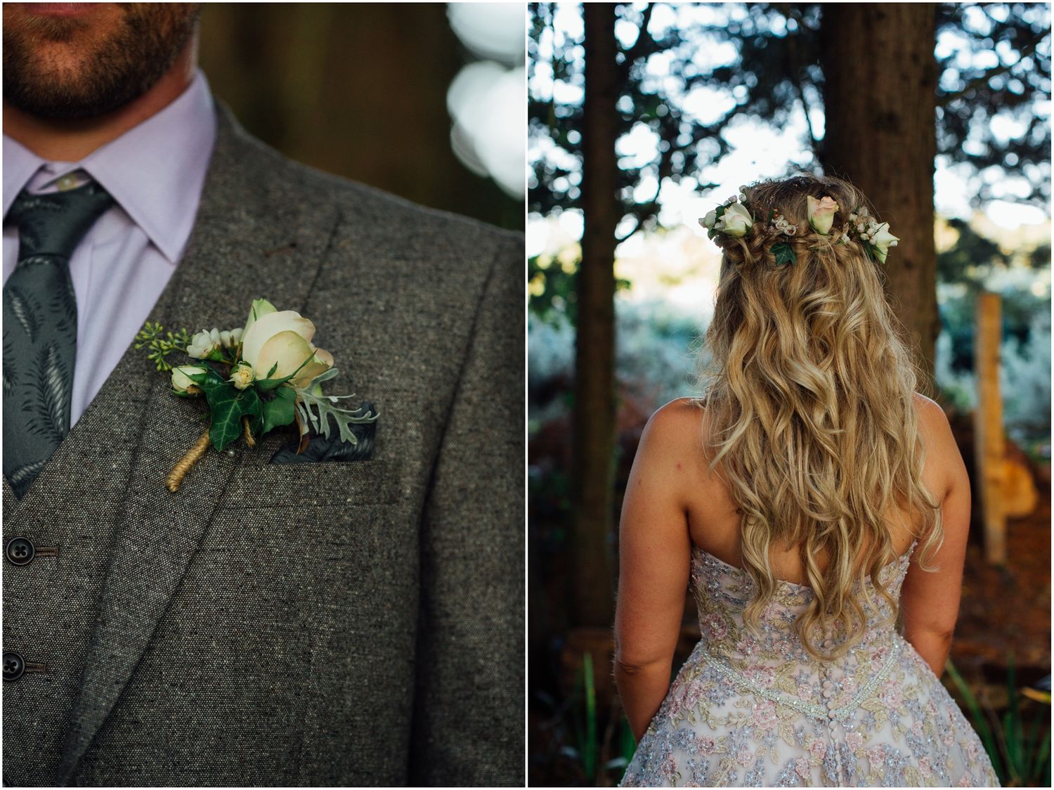 Close-up details of wedding attire showing lace dress and grey suit with boutonniere.