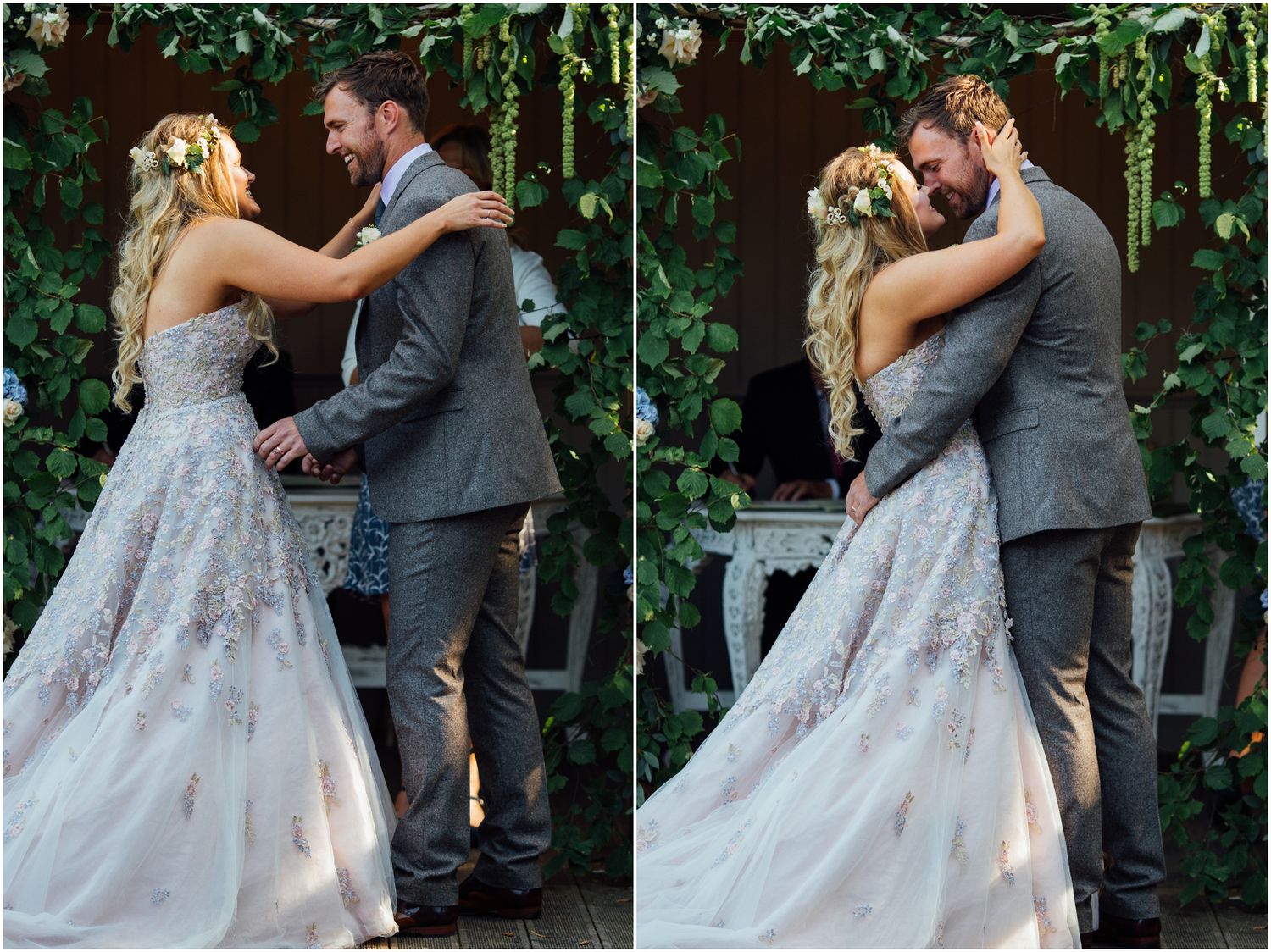 Newlyweds share intimate moments in a garden during their wedding photoshoot.