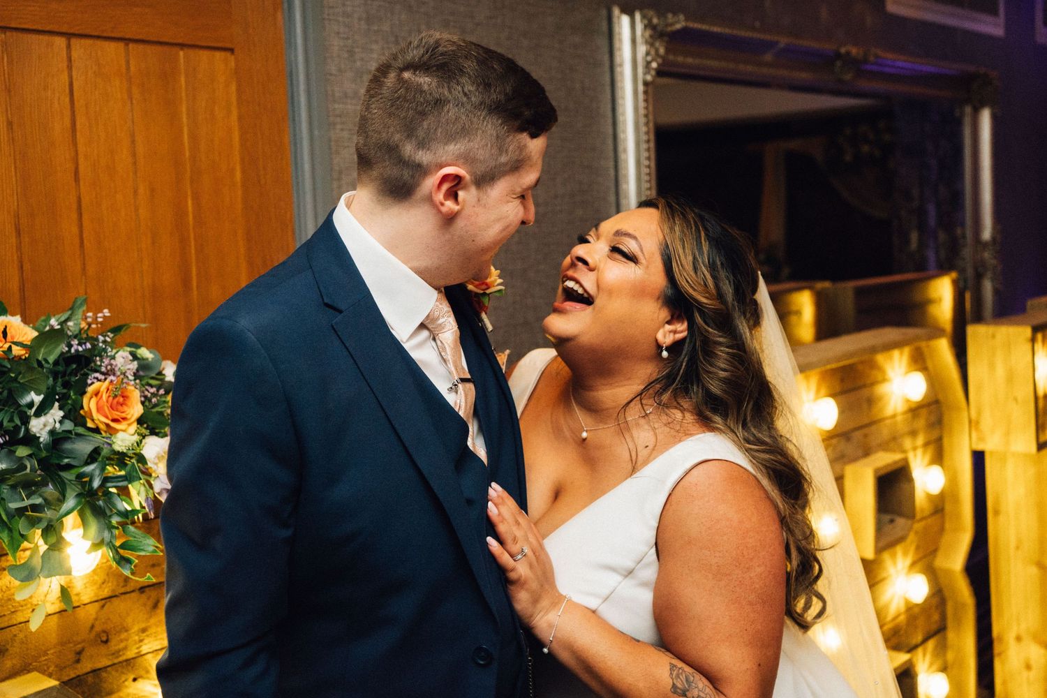 Intimate wedding moments captured indoors with warm lighting and natural expressions.