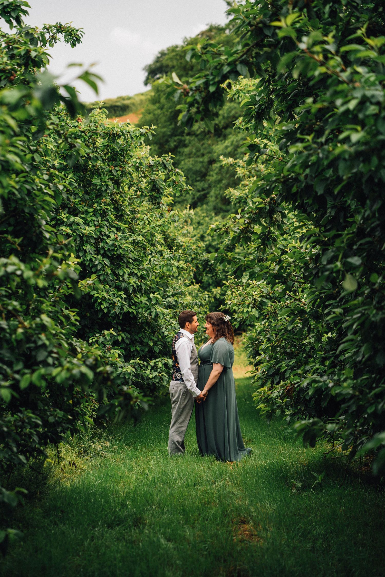 Wedding party walking through a green orchard on a sunny afternoon.