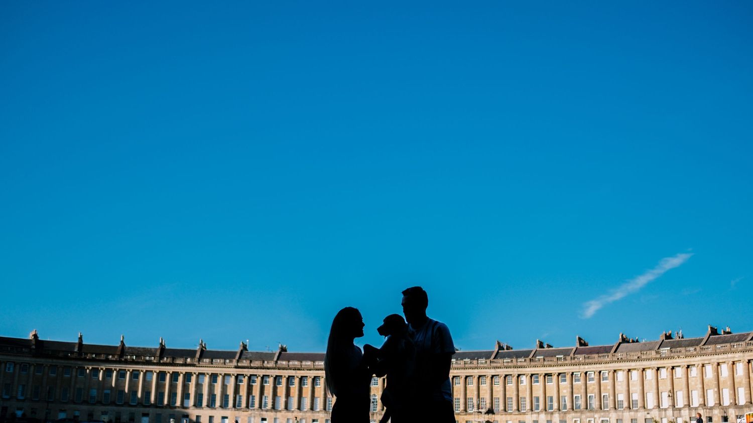 Three panoramic views of the historic Royal Crescent in Bath, England against a bright blue sky.
