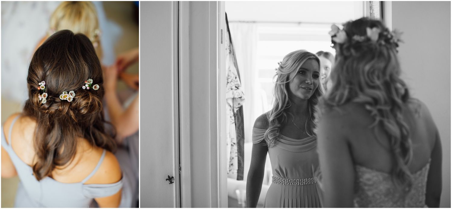 Delicate floral hair accessories and romantic bridal styling details.
