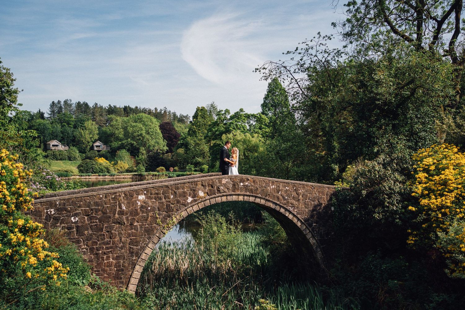 A scenic panoramic view of a rustic stone bridge over a river surrounded by lush greenery and trees.