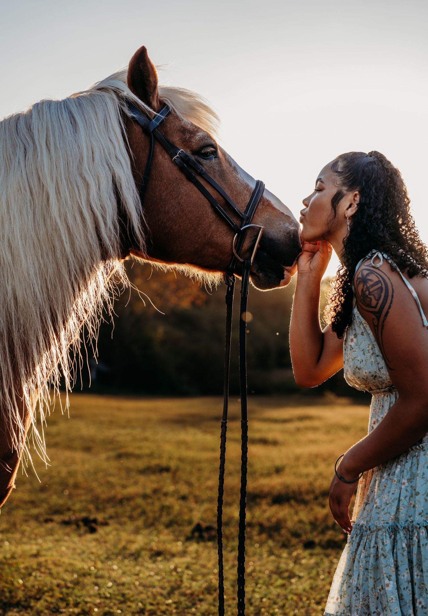 A brown and white horse with flowing mane shares an intimate moment with someone in a lace dress at golden hour.