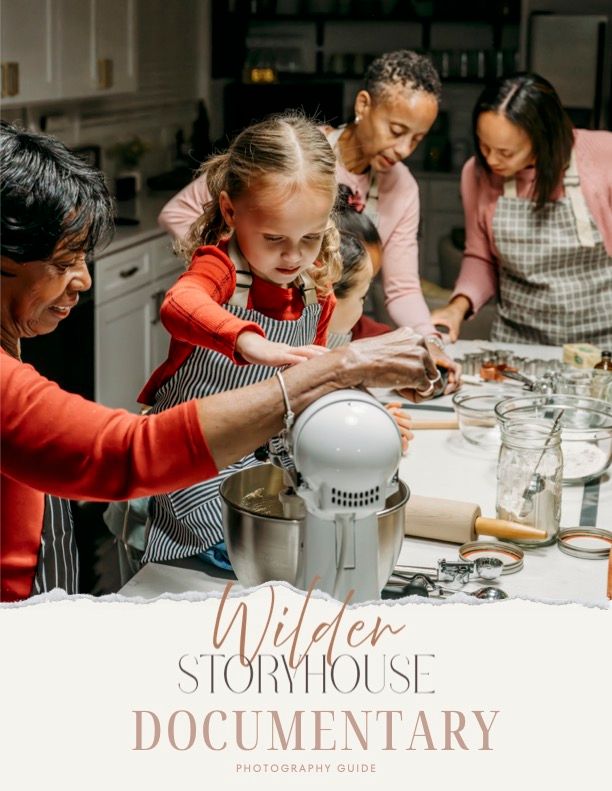 Families baking together in kitchen with Wilder Storyhouse Documentary Photography Guide cover.