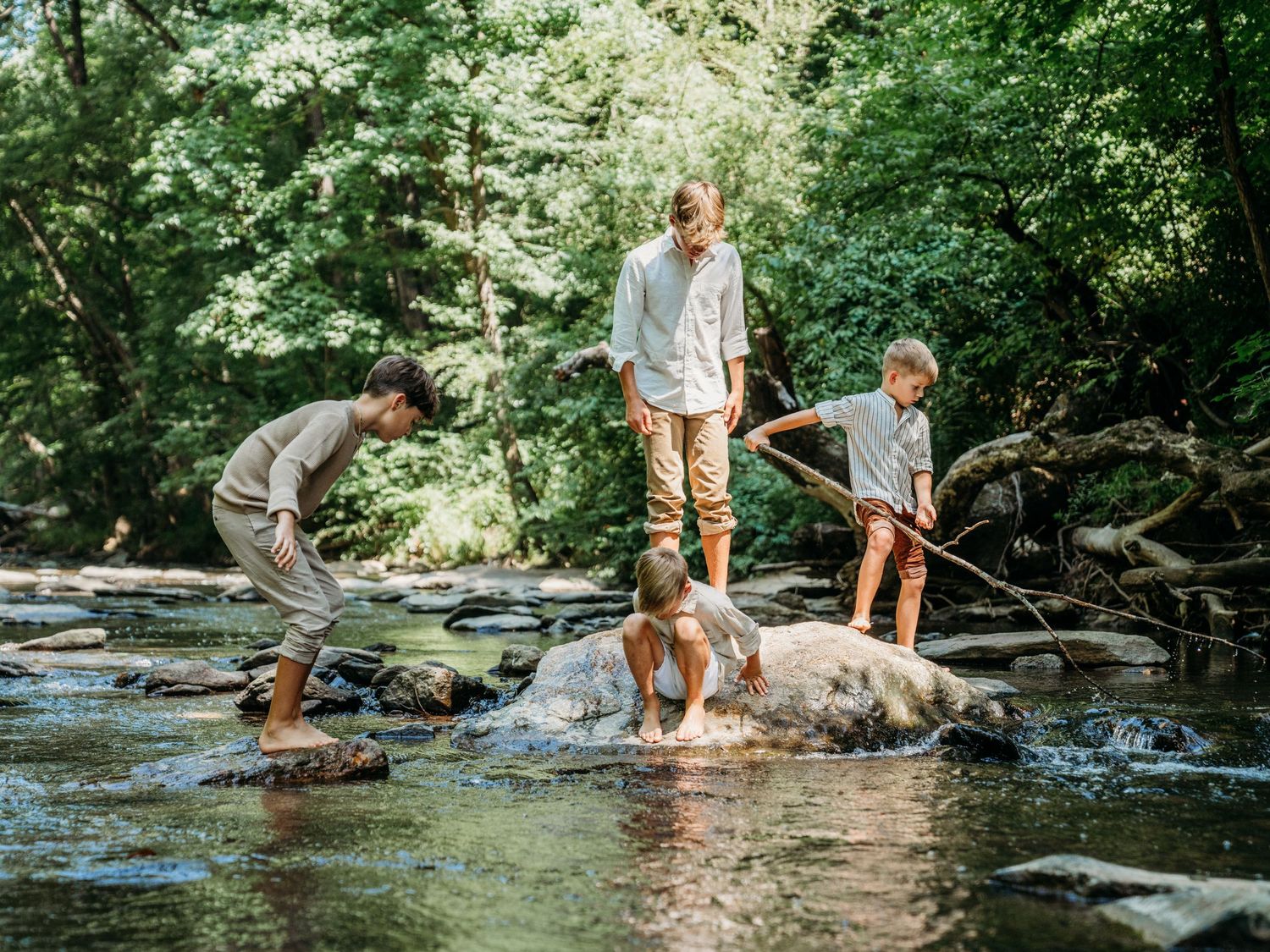 Three people explore a creek on a summer day, standing on rocks in the streaming water surrounded by green forest.