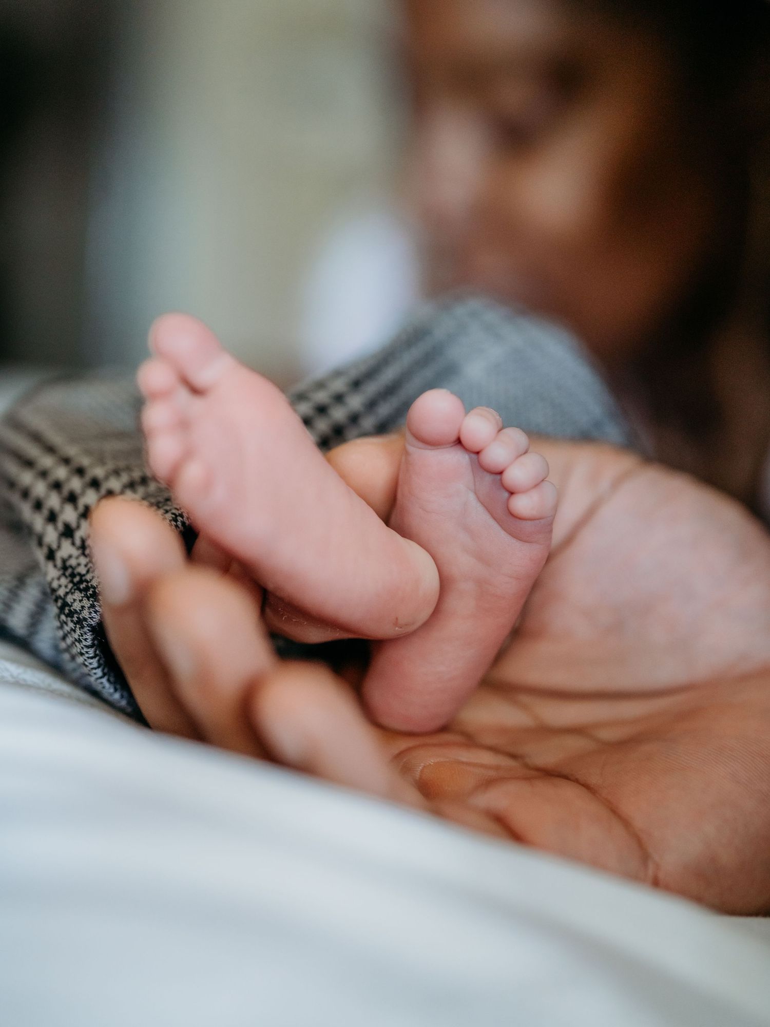 Close-up view of tiny baby feet being gently cradled in an adult hand against a soft blanket.