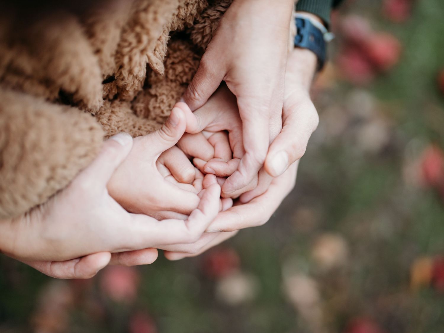Close-up view of hands holding a small baby's feet against a blurred natural background.