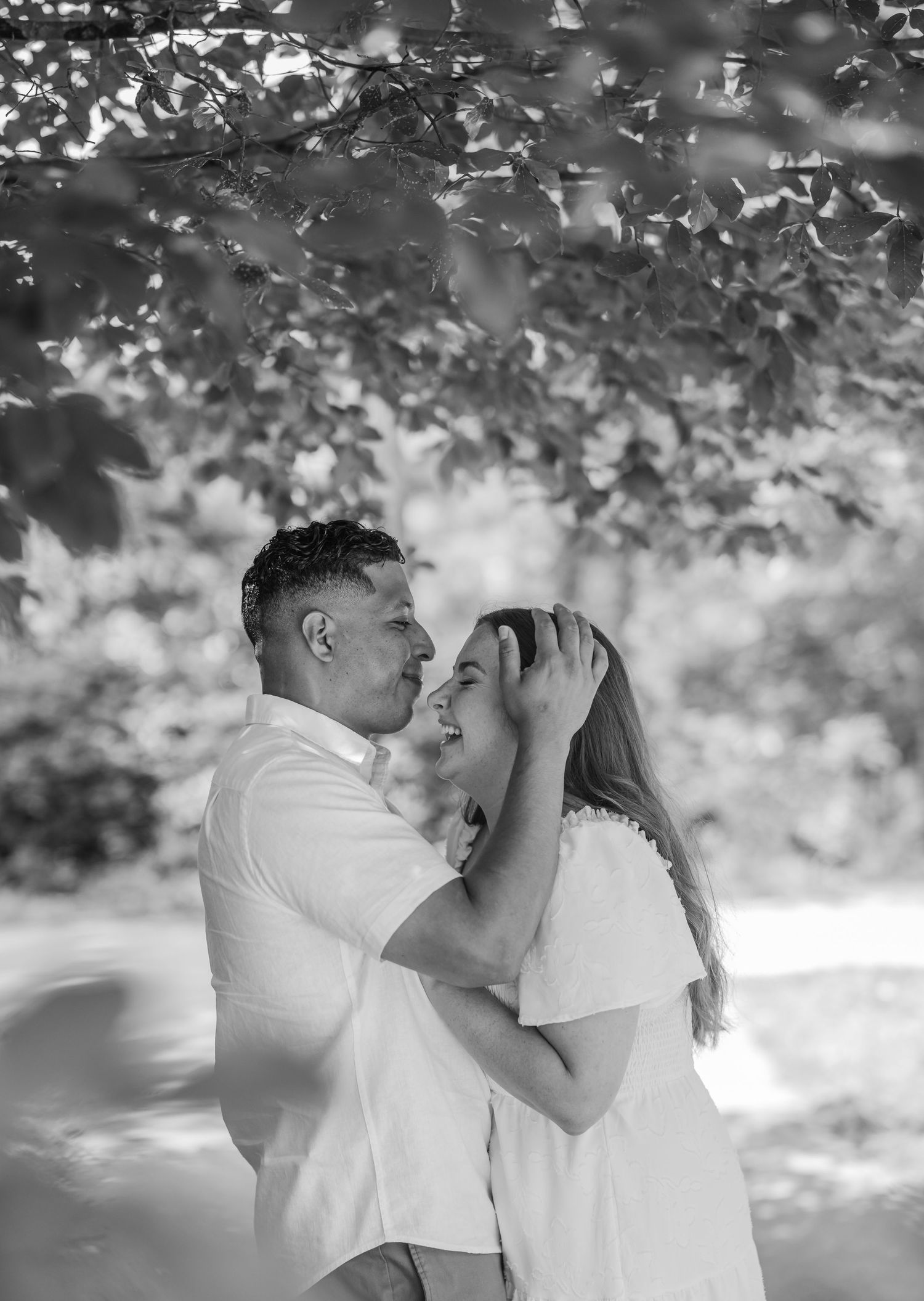 A romantic black and white photography sequence showing a couple sharing tender moments under tree branches outdoors.
