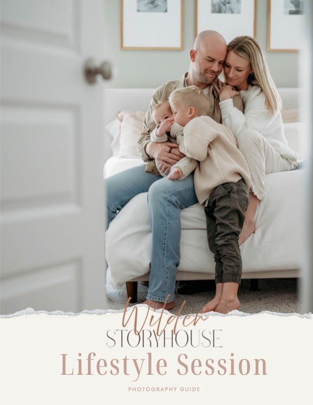 A family of four poses tenderly on a white bed for a Wilder Storyhouse Lifestyle Session photography guide cover.