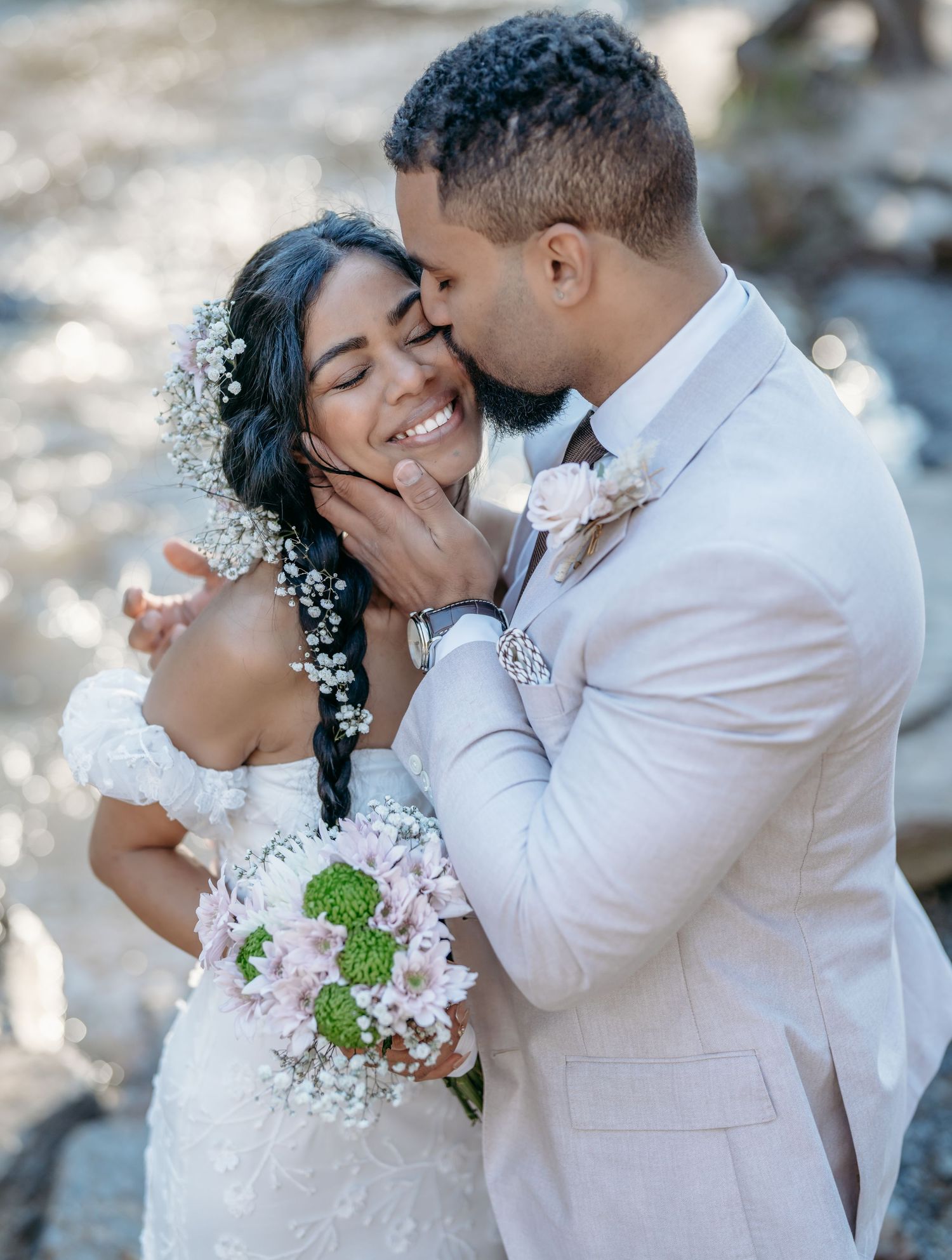 Romantic wedding photography sequence showing tender moments between newlyweds with delicate baby's breath flowers.