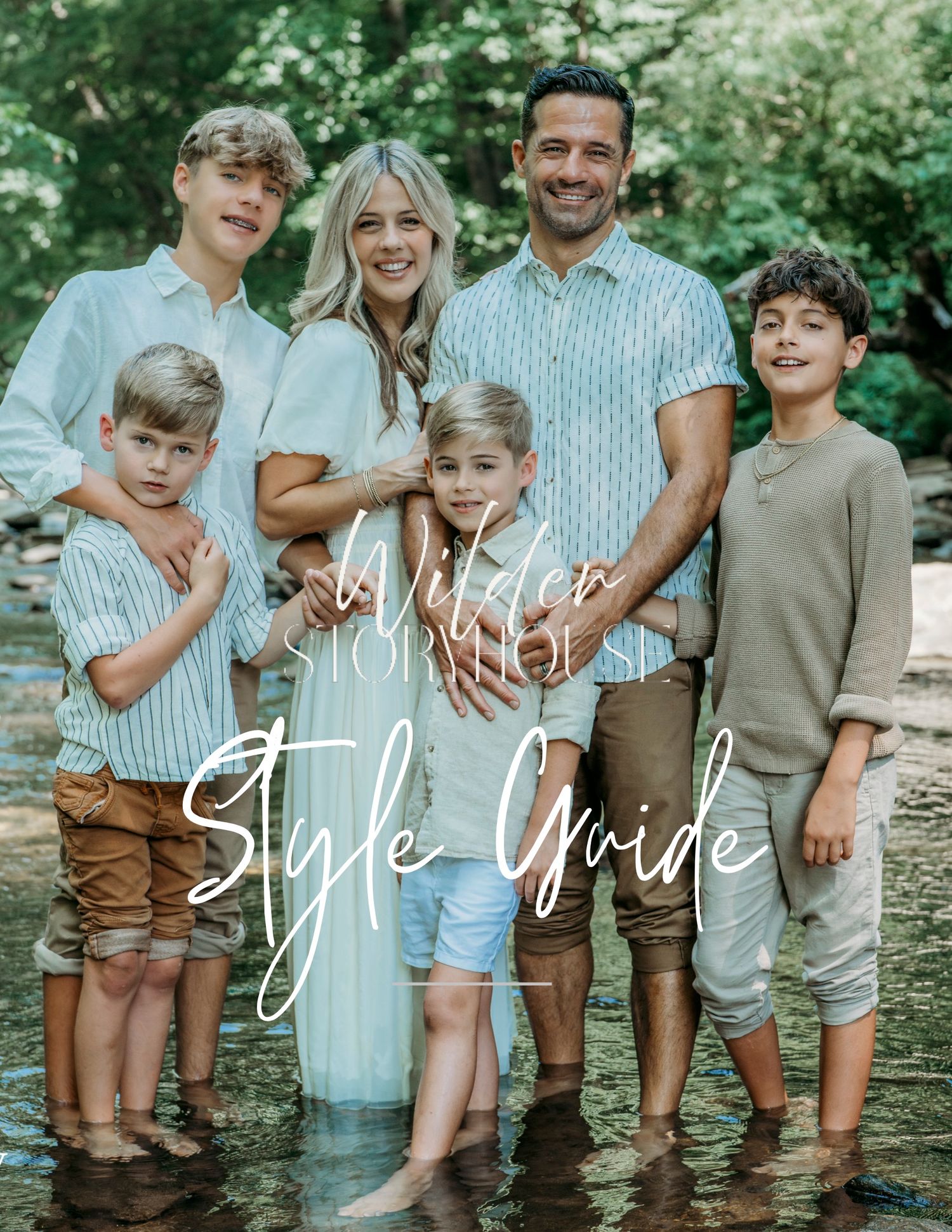 Family of six poses outdoors by a creek for the Wilder Storehouse Style Guide photo shoot.