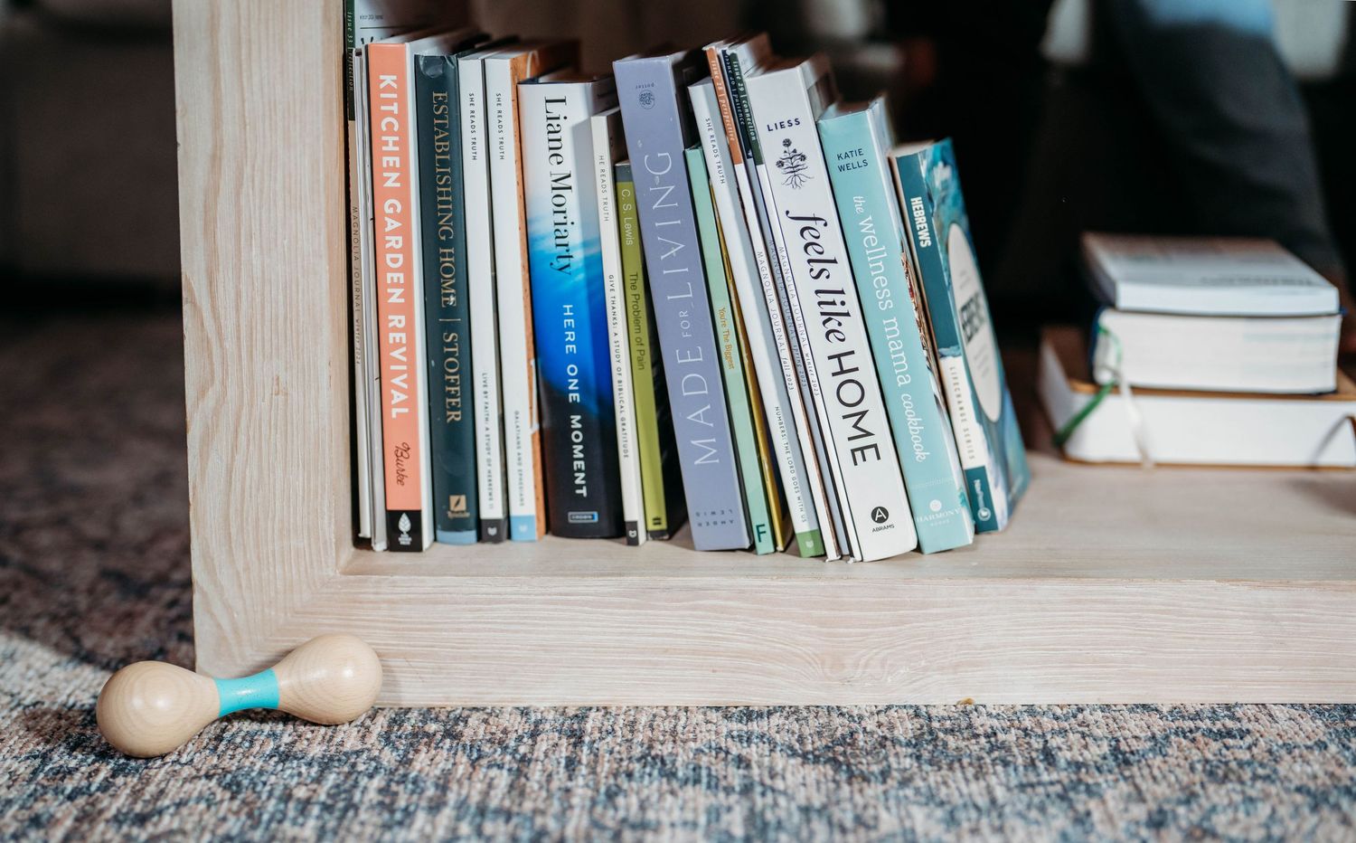 Books arranged on wooden shelves with a decorative white egg or ball ornament sitting at the bottom.