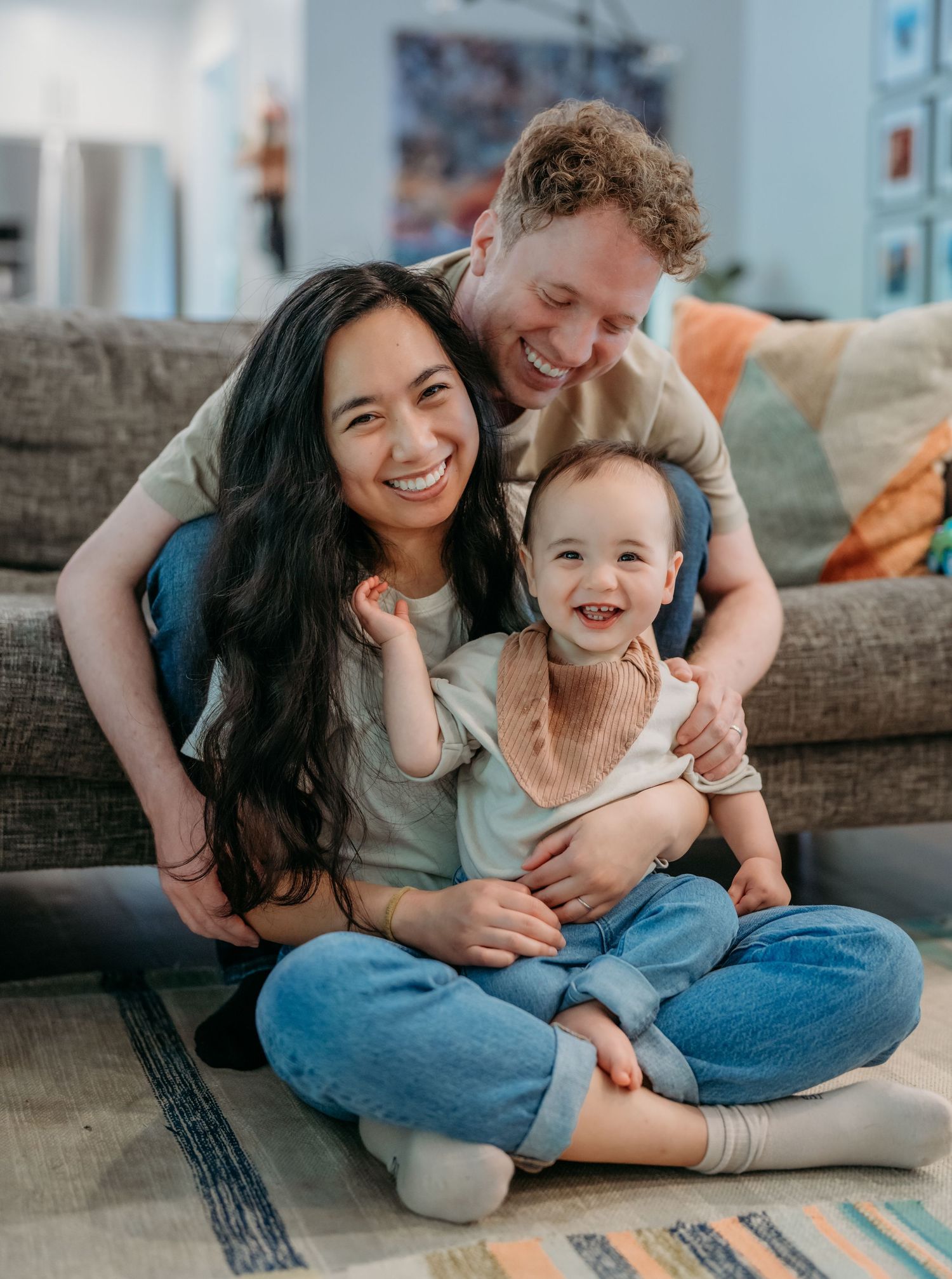 A family sits together on a couch, sharing joyful moments and laughter in a series of candid photos.