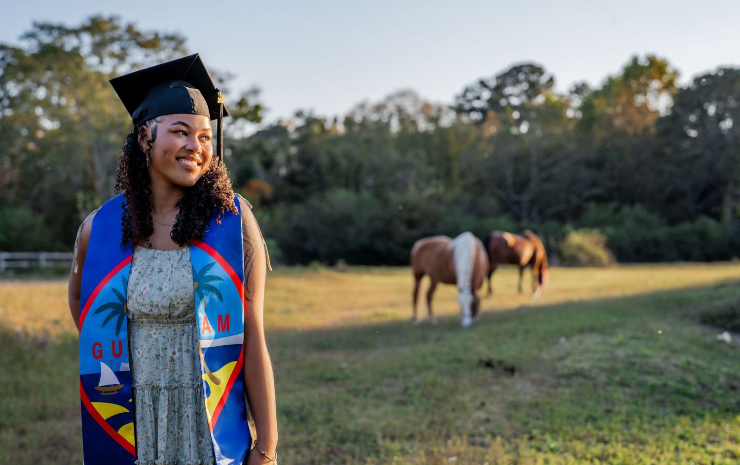 A graduation photoshoot in a sunny field with horses grazing in the background.