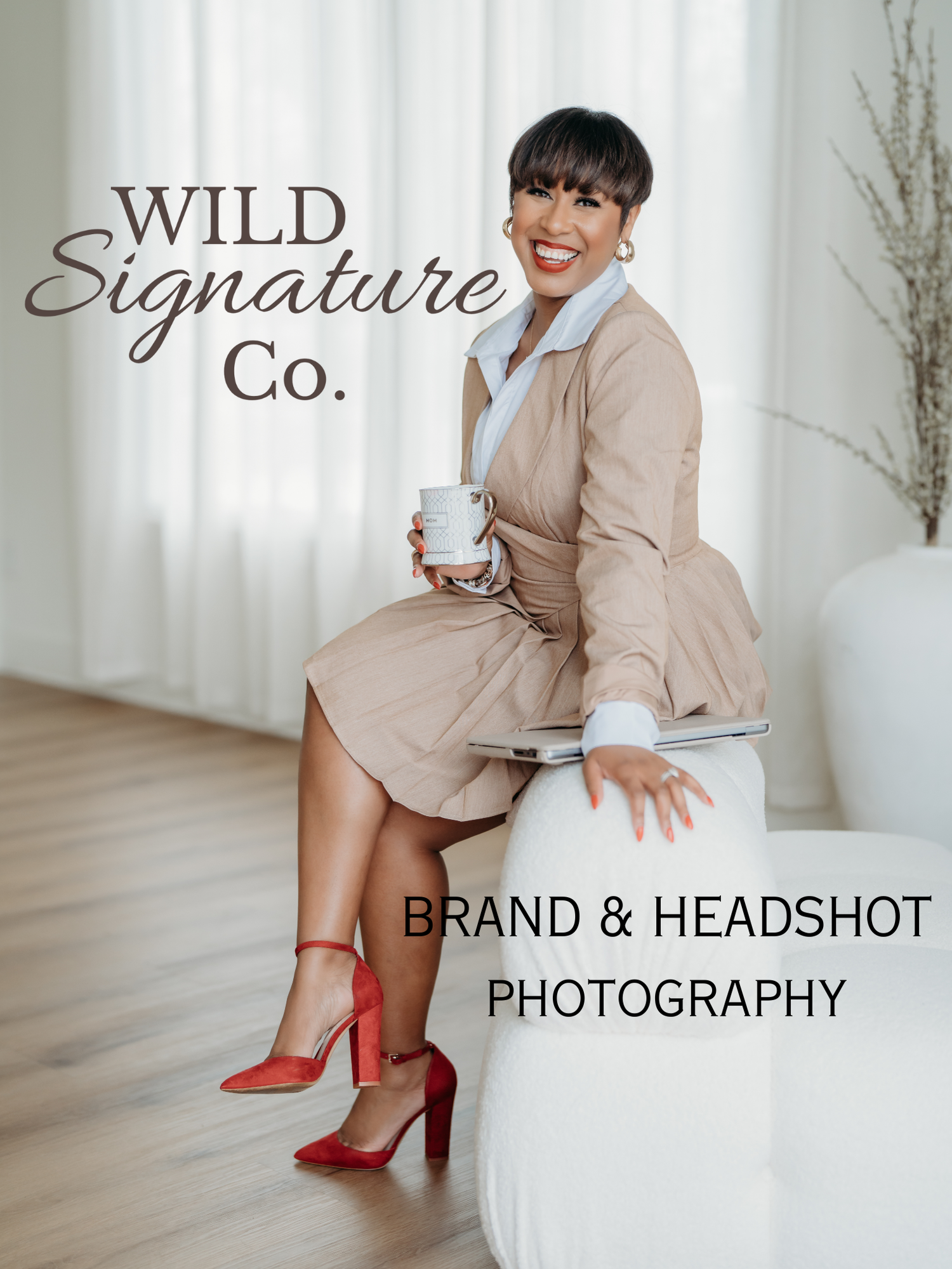 Branded photography promotional image featuring business portrait and company text overlay.