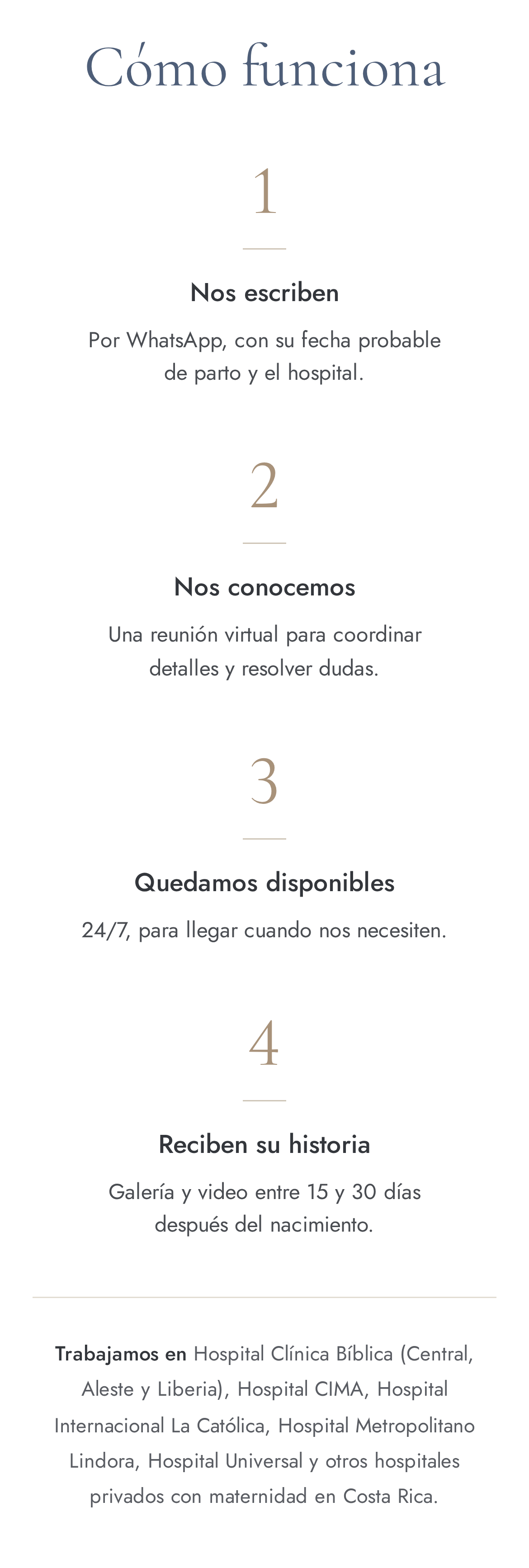 Step-by-step guide on how birth photography services work in Costa Rica, covering contact, meeting, availability, and photo delivery.