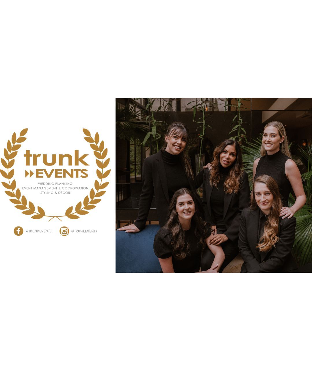 Wedding event planning company logo and team photo with elegant gold laurel wreath design.