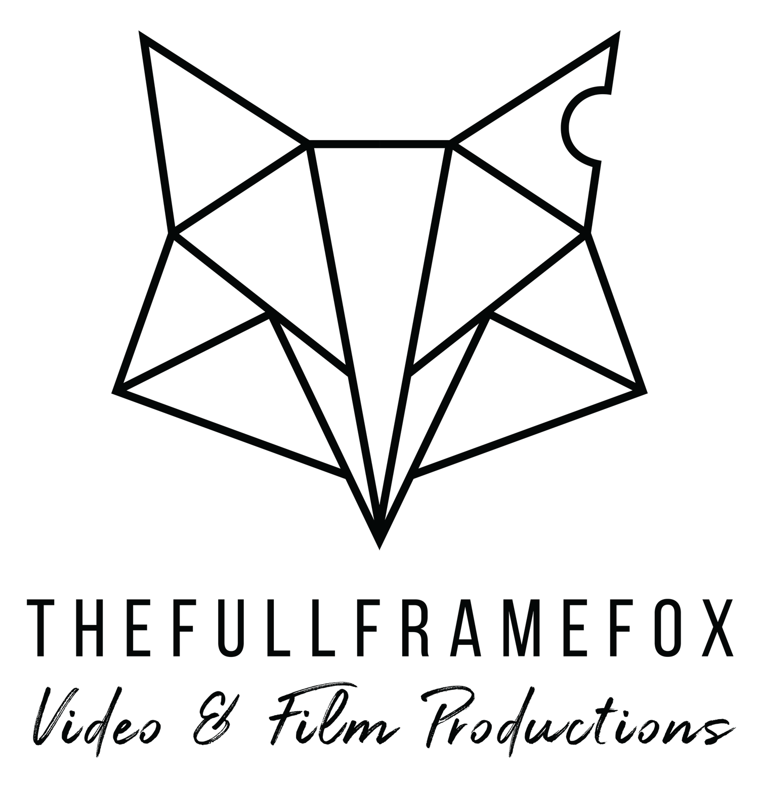 Minimalist black and white logo design showing abstract fox head shapes and text for video production company.