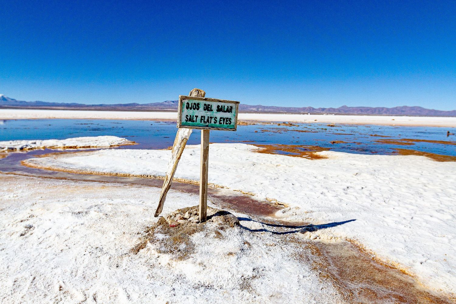 Sign post standing in snowy salt flats with mountains in background.
