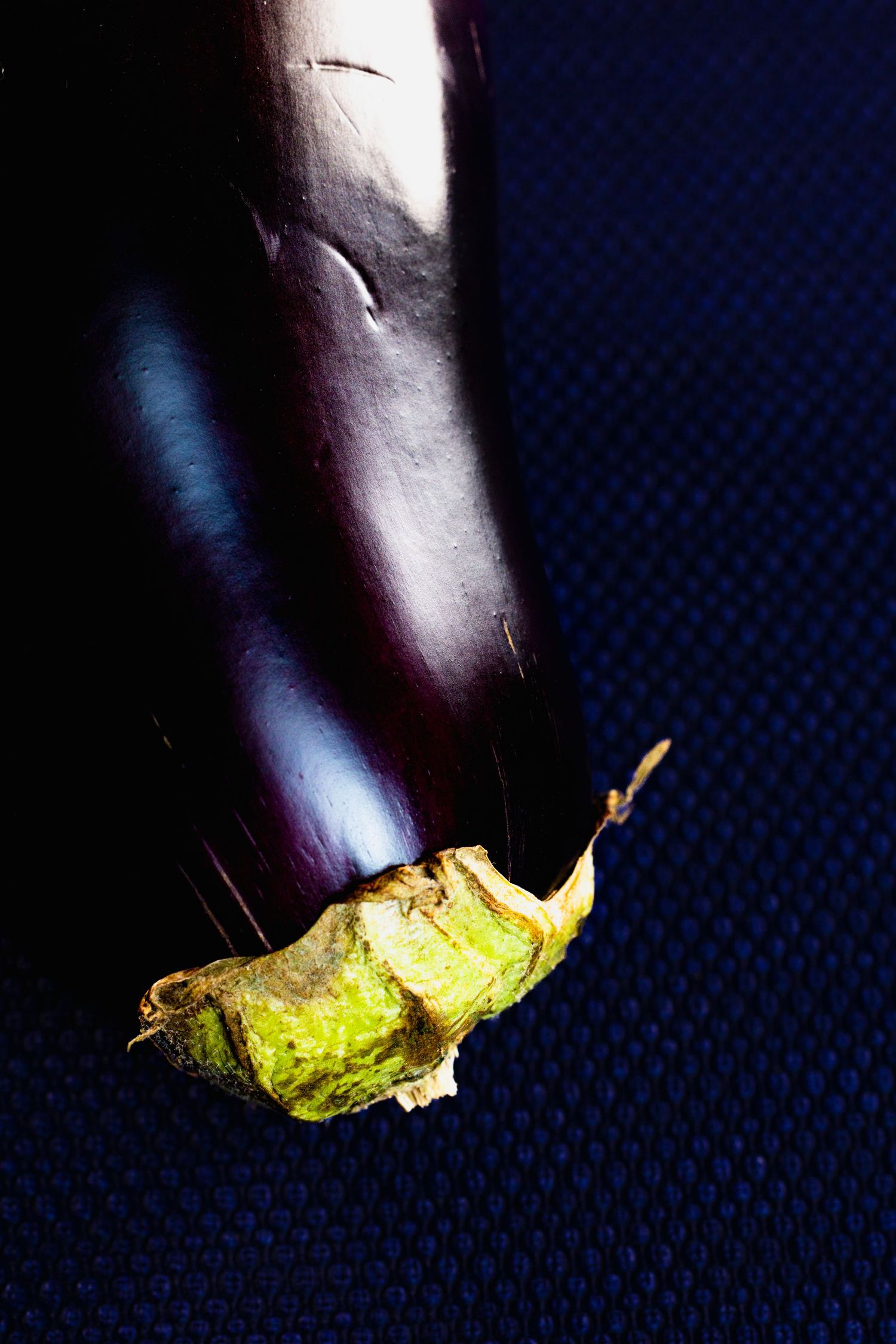 Fresh purple eggplant with stem against dark blue textured background in dramatic lighting.