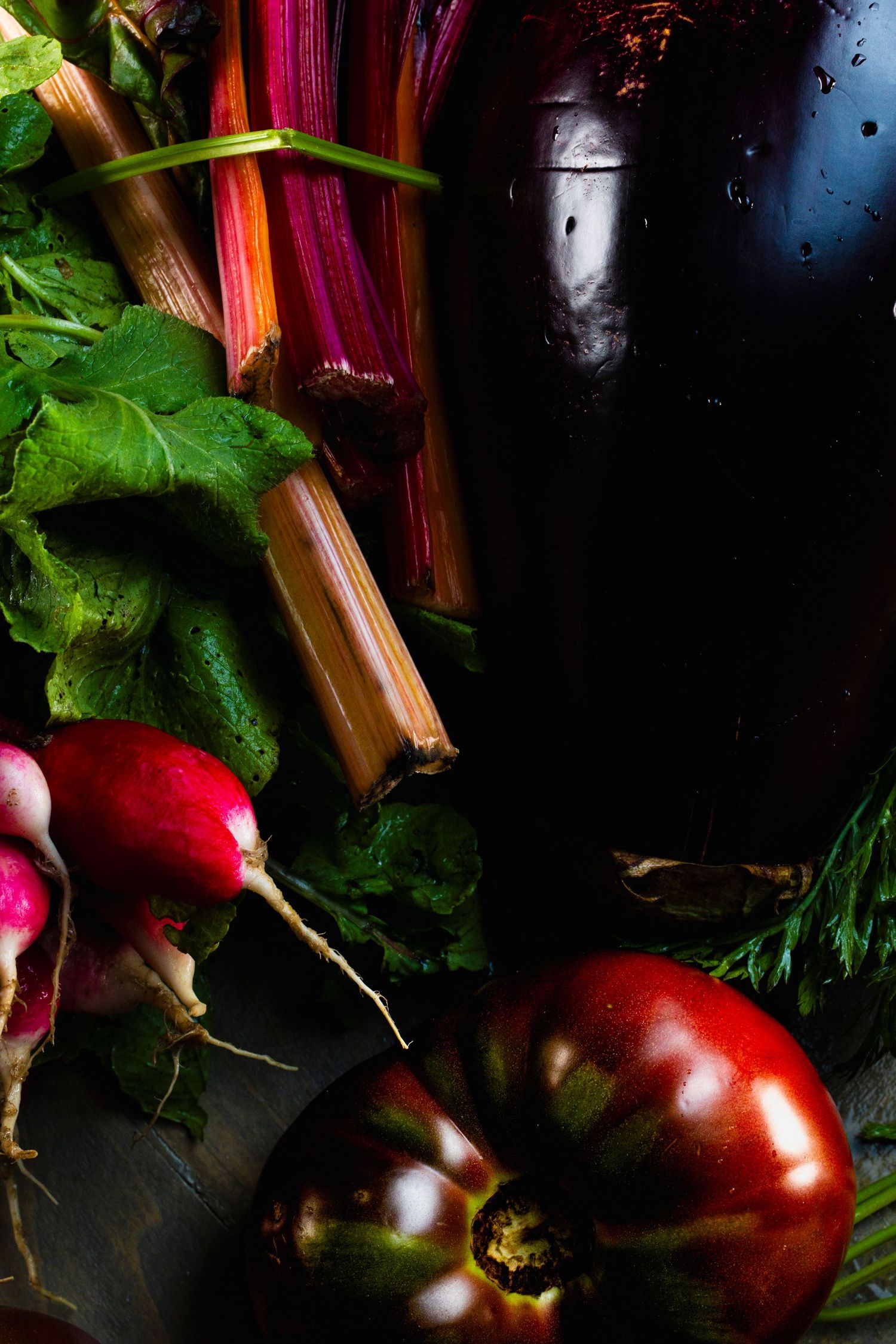 Fresh vegetables including colorful Swiss chard, radishes, and tomatoes arranged dramatically on dark surface.