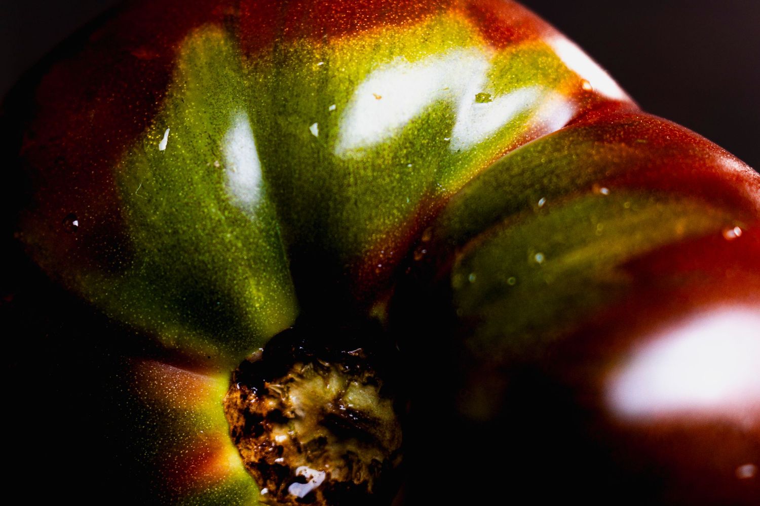 Close-up abstract photo of a red and green bell pepper with dramatic lighting showing its textured stem and curves.