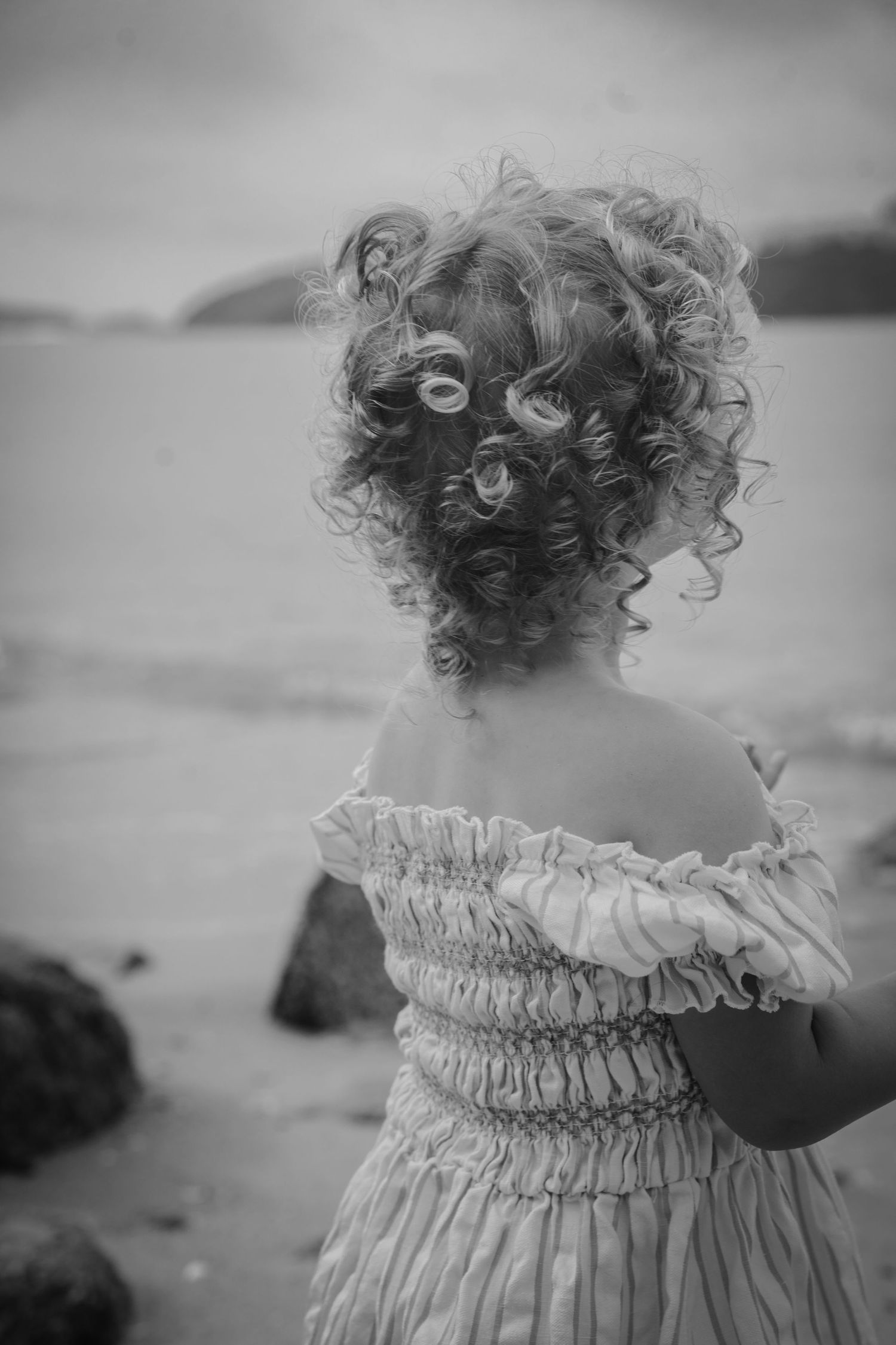 Close-up back view showing detailed curls and ruffled dress against a misty seascape.