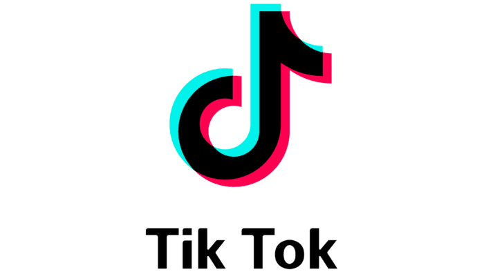 Black and cyan TikTok social media app logo and text.