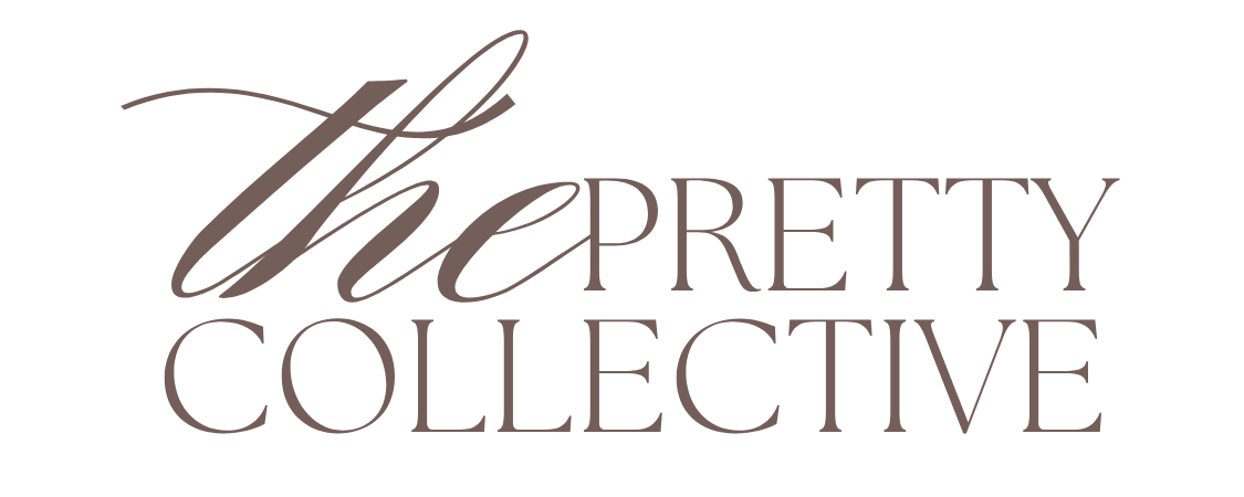 The Pretty Collective logo in elegant brown serif typography.