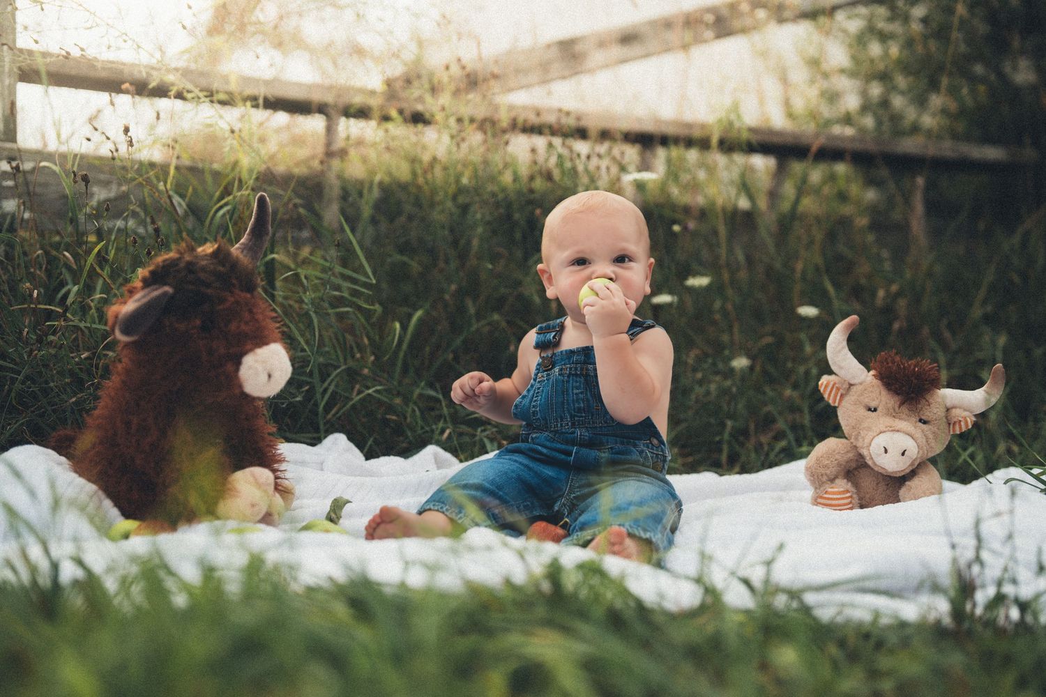 A baby lies on a white blanket outdoors in nature during a sunny day photo session.